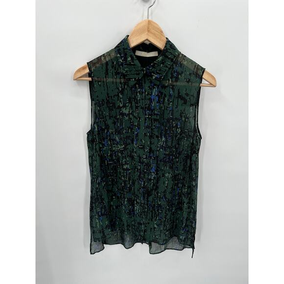JASON WU 100% Silk Collared Green Print Button Up Sleeveless Blouse Top // 6 - Picture 1 of 11